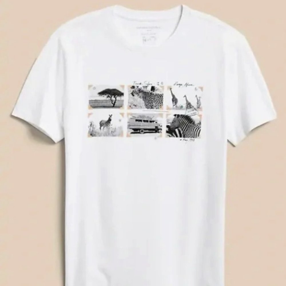 Banana Republic White Short Sleeve Graphic Tee with Safari Photo Collage